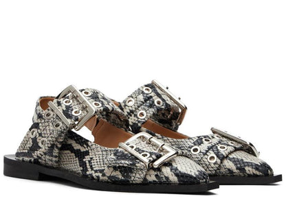 Ganni Snake Printed Feminine Buckle Ballerinas Sand