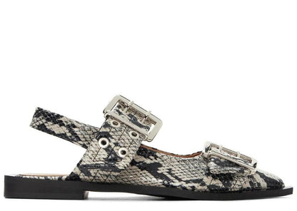 Ganni Snake Printed Feminine Buckle Ballerinas Sand