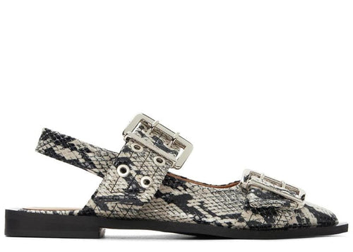 Ganni Snake Printed Feminine Buckle Ballerinas Sand