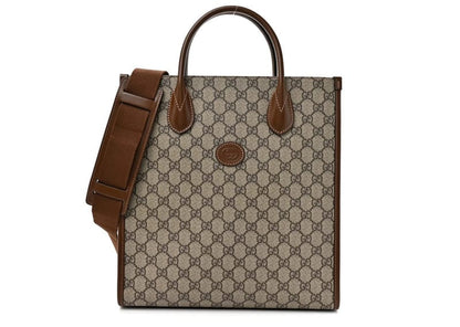 Gucci GG Supreme Monogram Textured Dollar Calfskin Web Small Retro Interlocking G Vertical Tote Bag Beige Ebony Brown Sugar