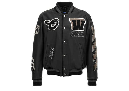 Off-White c/o Virgil Abloh Leather Varsity Jacket Logo Patches Black