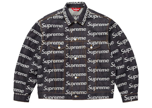 Supreme Jacquard Logos Denim Trucker Jacket Rigid Indigo